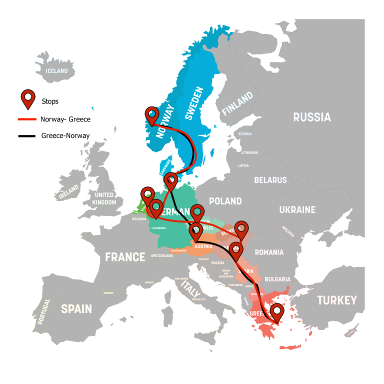 A map of Europe. Certain countries are in colour, signalling the countries Amalie travelled through. Location pins mark the cities were Amalie spent time in. A red line connects the cities she visited on her way to Greece. A line in black connects the cities she visited on her way back to Norway.